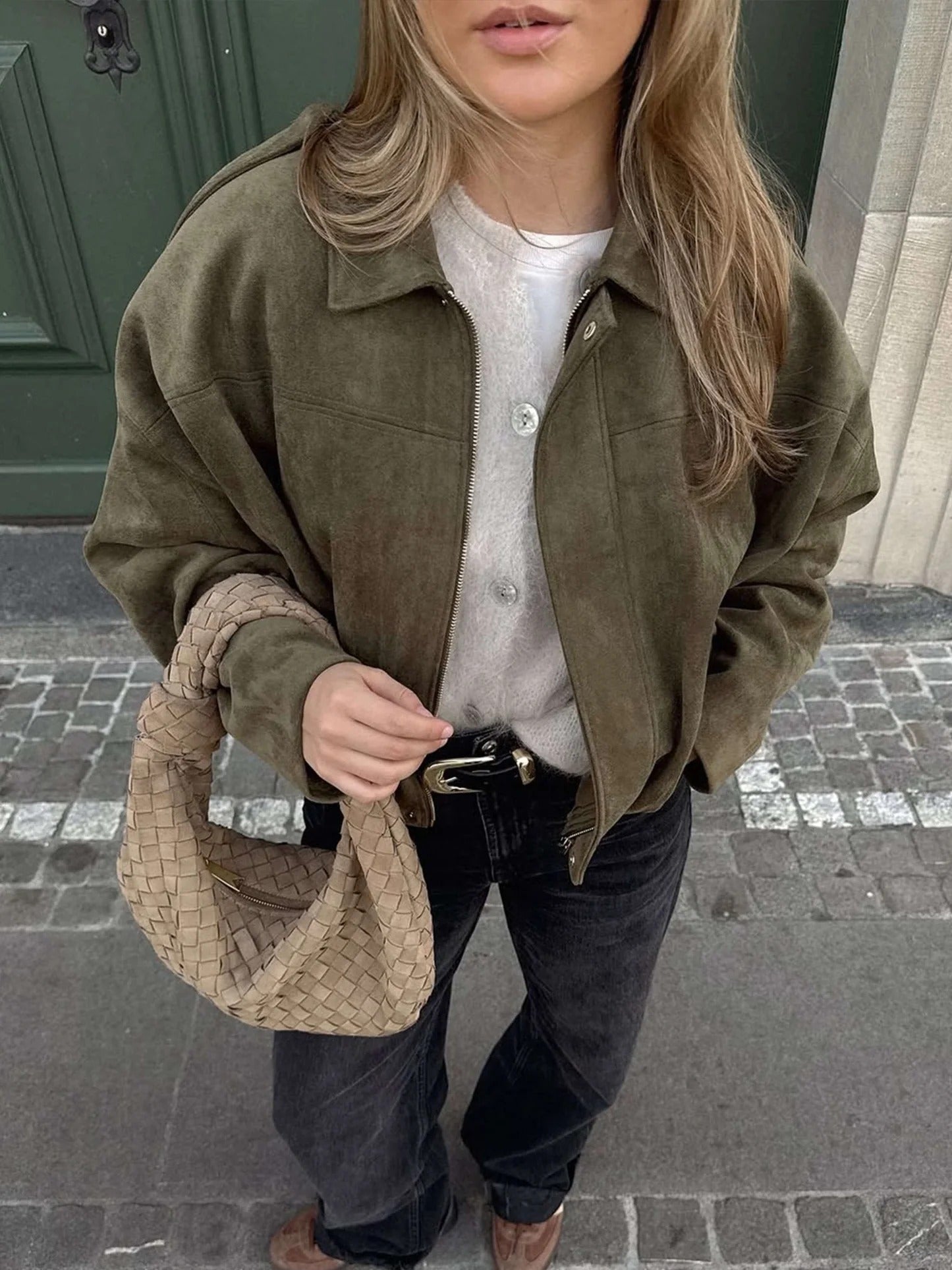 Sorelle Women's Faux Suede Bomber Jacket – Structured Collar Versatile Style 2