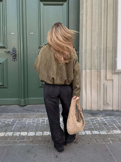 Sorelle Women's Faux Suede Bomber Jacket – Structured Collar Versatile Style 4