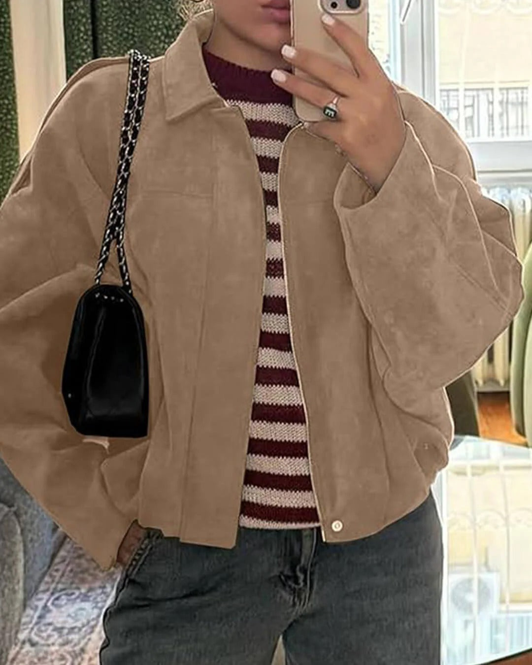 Sorelle Women's Faux Suede Bomber Jacket – Structured Collar Versatile Style 6