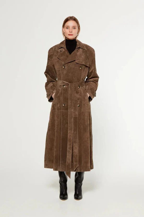 Sorelle Women's Longline Trench Coat – Suede Elegance for Versatile Layering 0