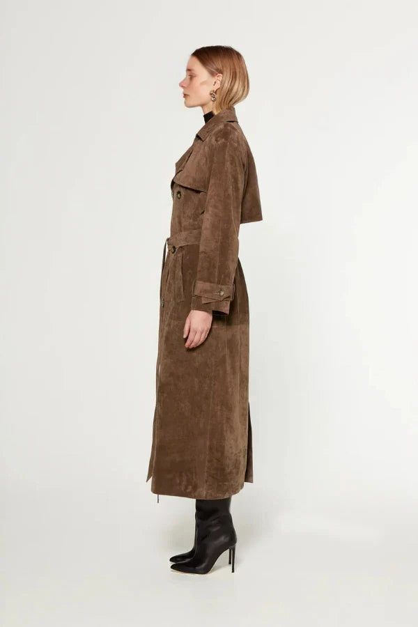Sorelle Women's Longline Trench Coat – Suede Elegance for Versatile Layering 2
