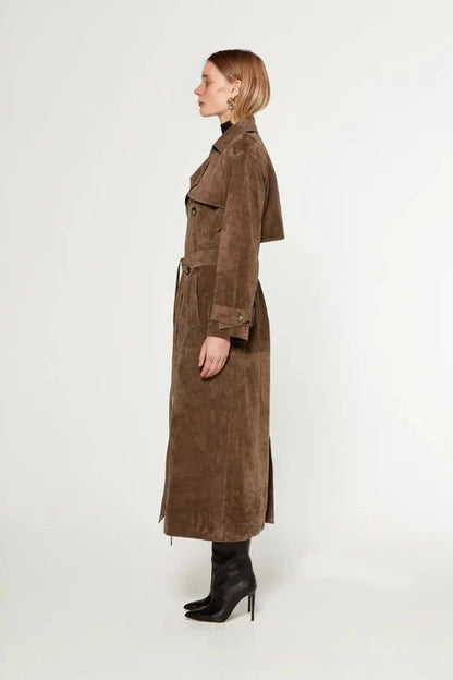 Sorelle Women's Longline Trench Coat – Suede Elegance for Versatile Layering 2
