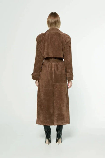 Sorelle Women's Longline Trench Coat – Suede Elegance for Versatile Layering 3