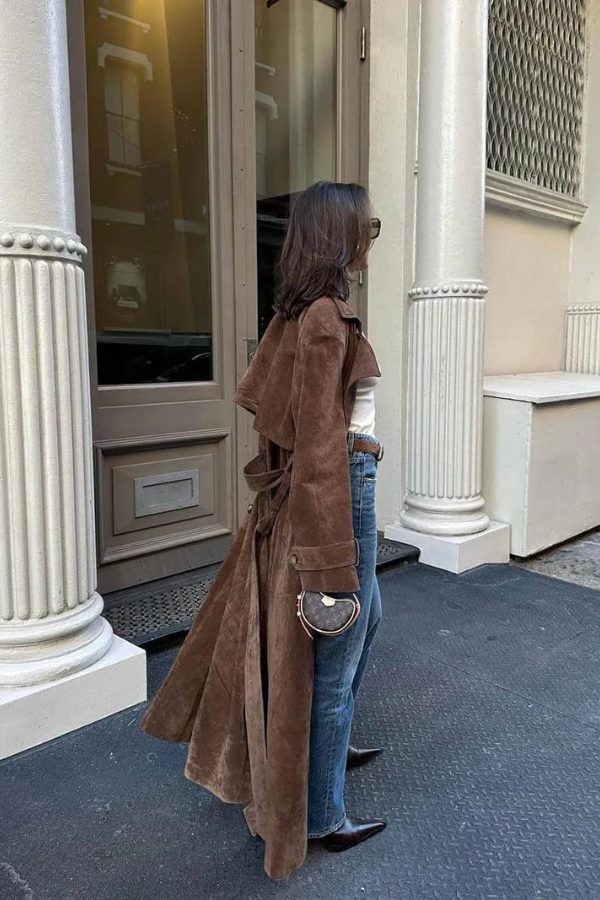 Sorelle Women's Longline Trench Coat – Suede Elegance for Versatile Layering 6