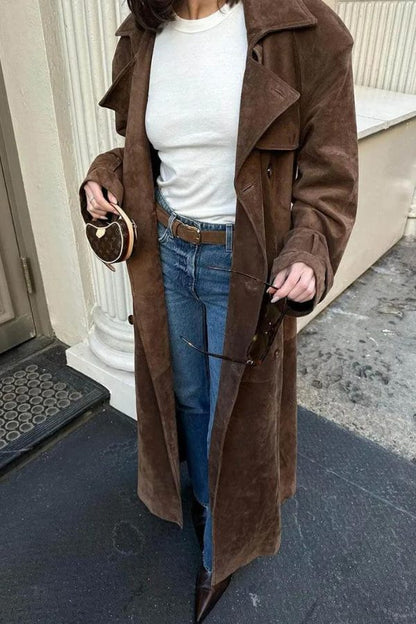 Sorelle Women's Longline Trench Coat – Suede Elegance for Versatile Layering 7