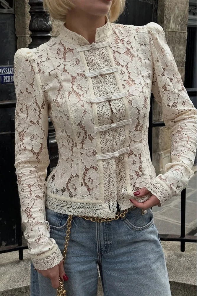 Tossy Women's Vintage Lace Blouse – Elegant Hollow Out Design 0