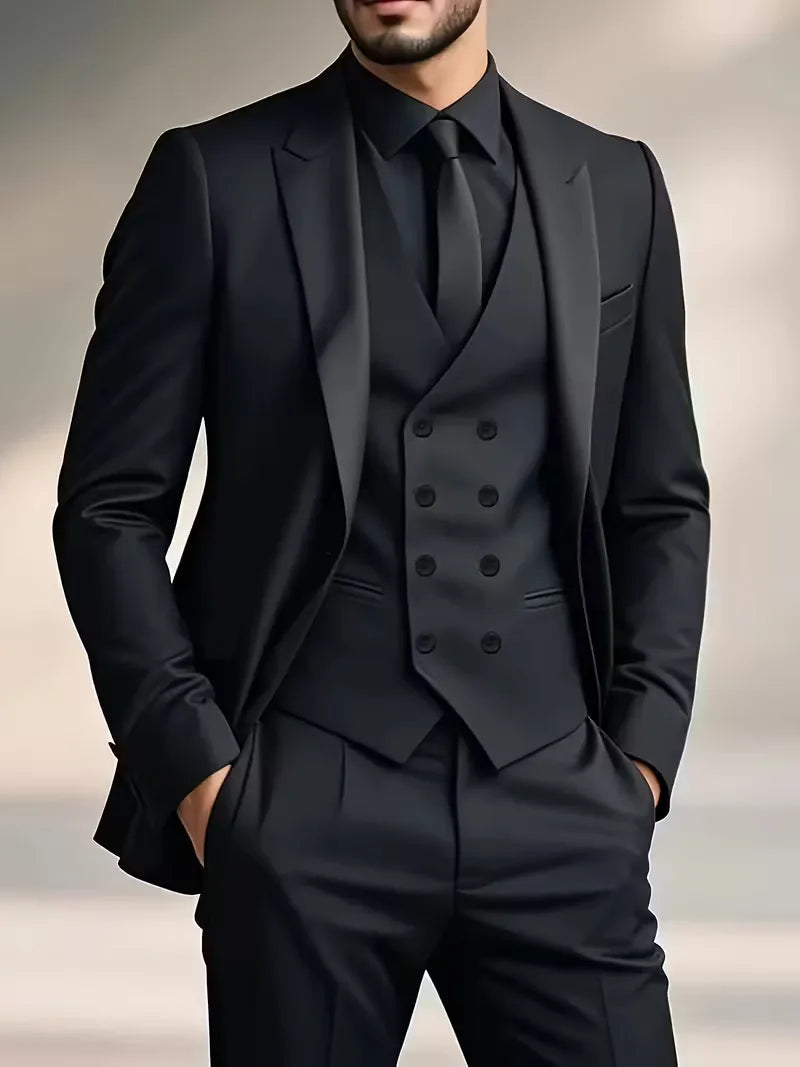 Trenlo Men's Three-Piece Suit Set – Slim Fit Double-Breasted Waistcoat Elegant Formalwear 0