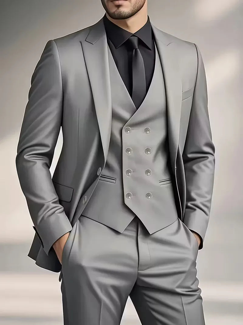 Trenlo Men's Three-Piece Suit Set – Slim Fit Double-Breasted Waistcoat Elegant Formalwear 10