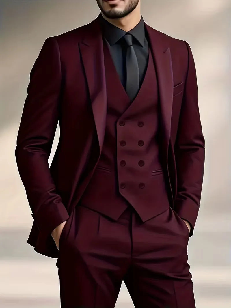 Trenlo Men's Three-Piece Suit Set – Slim Fit Double-Breasted Waistcoat Elegant Formalwear 11