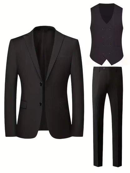 Trenlo Men's Three-Piece Suit Set – Slim Fit Double-Breasted Waistcoat Elegant Formalwear 2