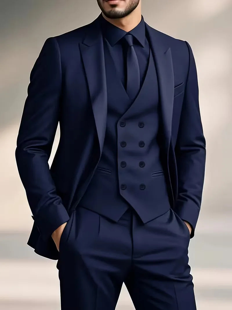 Trenlo Men's Three-Piece Suit Set – Slim Fit Double-Breasted Waistcoat Elegant Formalwear 9