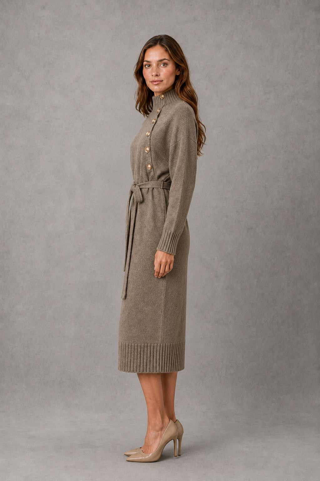 Midi Dress Women - Turtleneck Knit Dress with Tie Waist