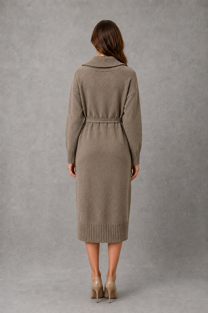 Midi Dress Women - Turtleneck Knit Dress with Tie Waist