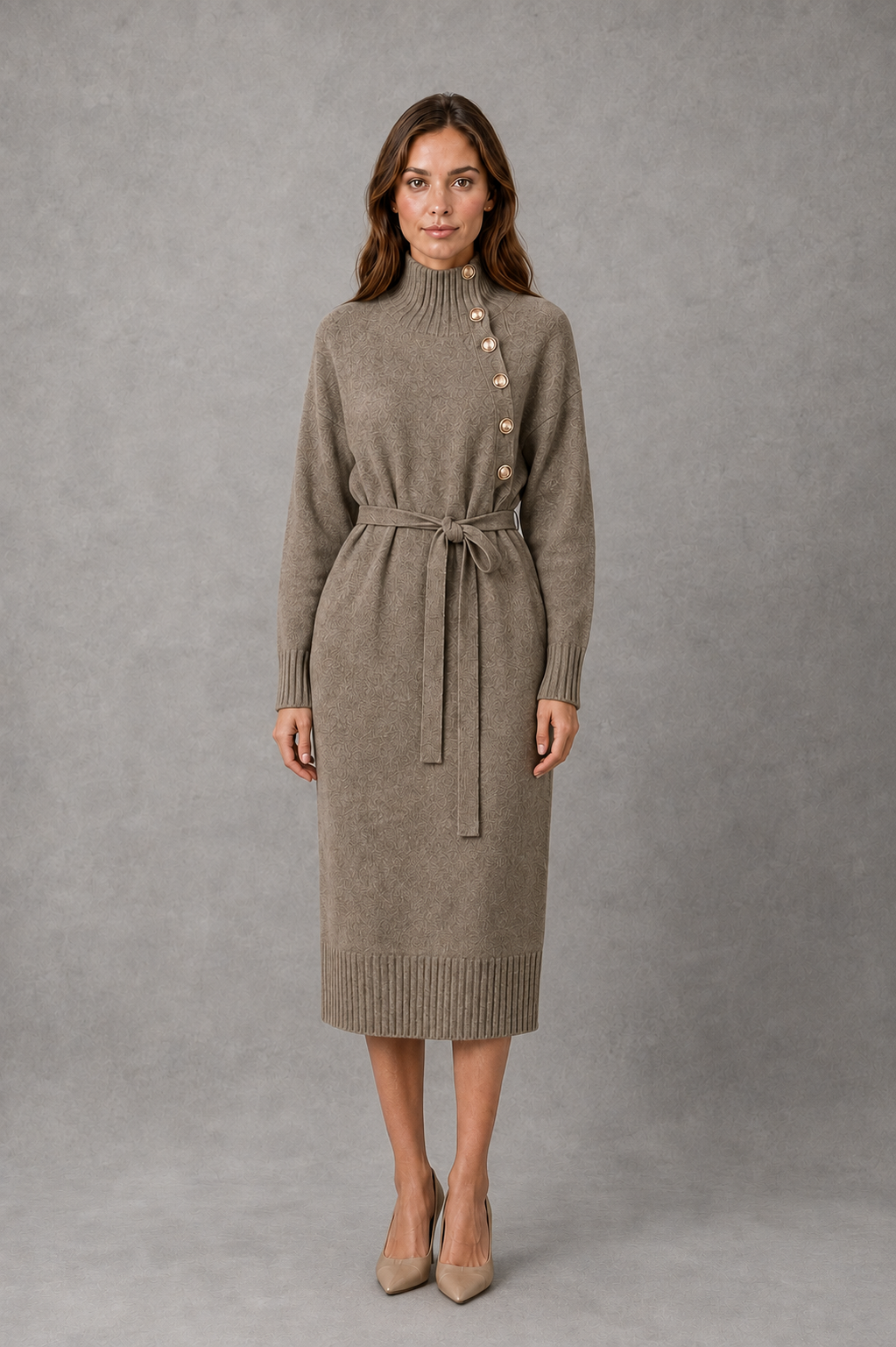 Midi Dress Women - Turtleneck Knit Dress with Tie Waist
