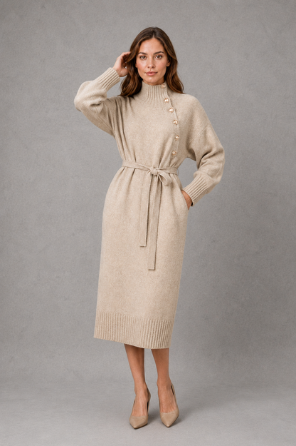 Midi Dress Women - Turtleneck Knit Dress with Tie Waist