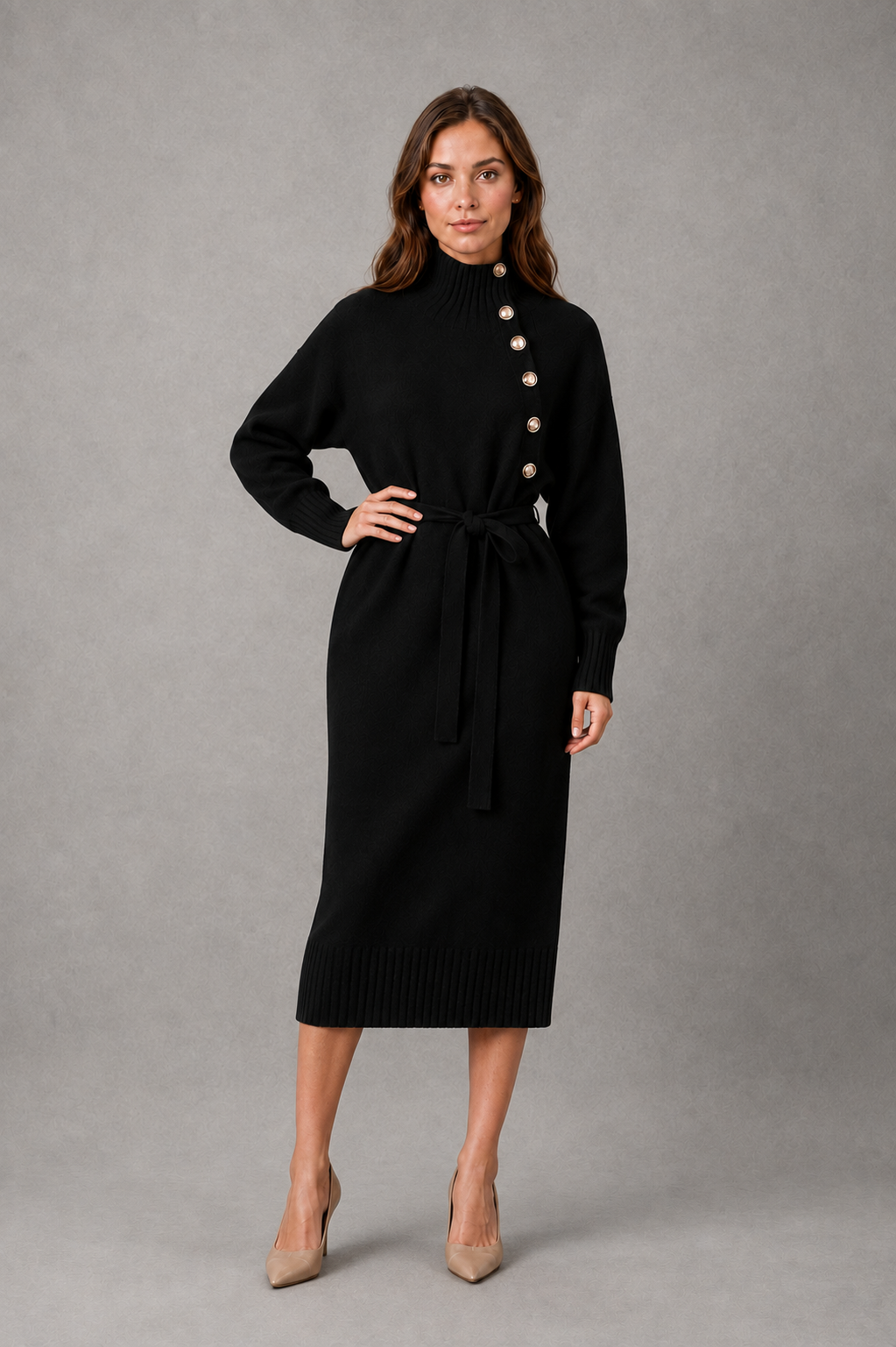 Midi Dress Women - Turtleneck Knit Dress with Tie Waist