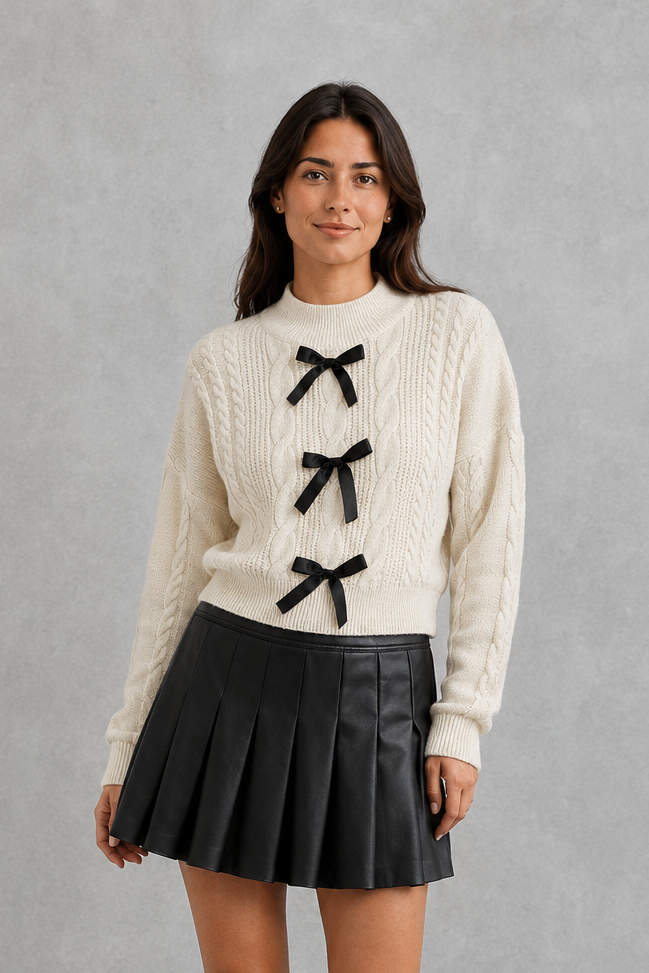 Cardigan Women - Cable Knit Bow Cardigan with Tie Front