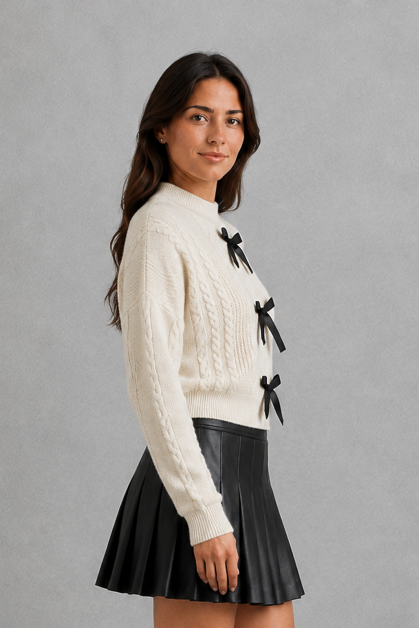 Cardigan Women - Cable Knit Bow Cardigan with Tie Front