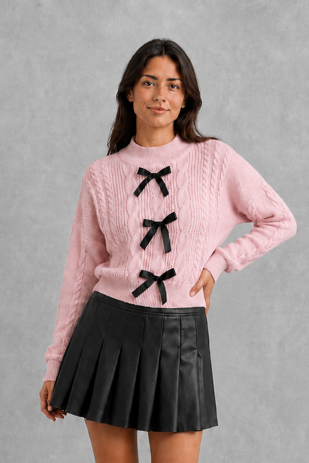 Cardigan Women - Cable Knit Bow Cardigan with Tie Front