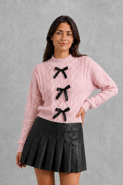 Cardigan Women - Cable Knit Bow Cardigan with Tie Front