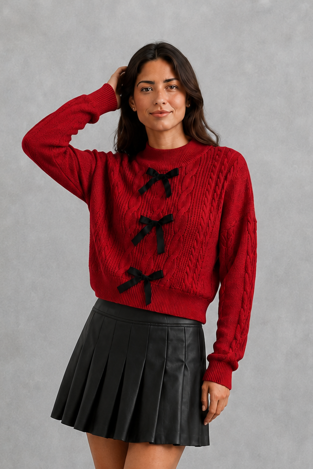 Cardigan Women - Cable Knit Bow Cardigan with Tie Front