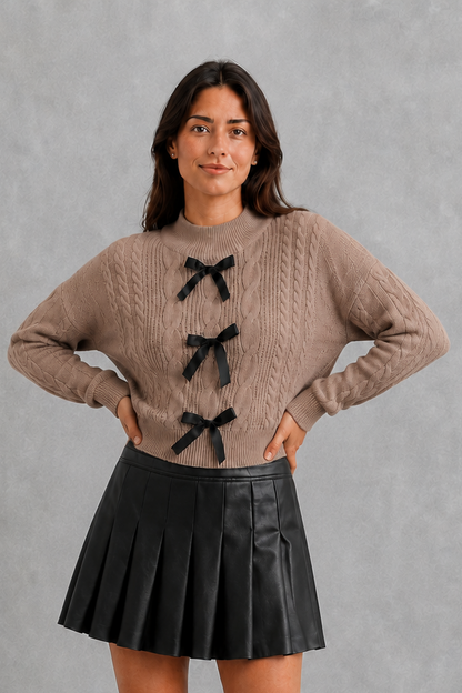 Cardigan Women - Cable Knit Bow Cardigan with Tie Front
