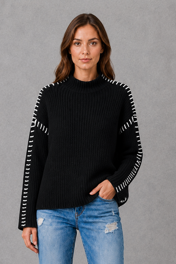 Sweater Women - Contrast Stitch Knit Jumper with Crew Neck