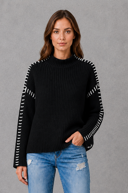 Sweater Women - Contrast Stitch Knit Jumper with Crew Neck