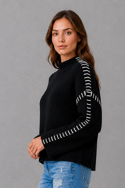 Sweater Women - Contrast Stitch Knit Jumper with Crew Neck