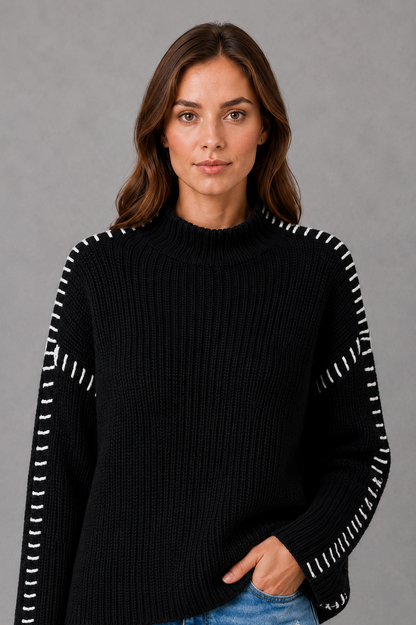 Sweater Women - Contrast Stitch Knit Jumper with Crew Neck