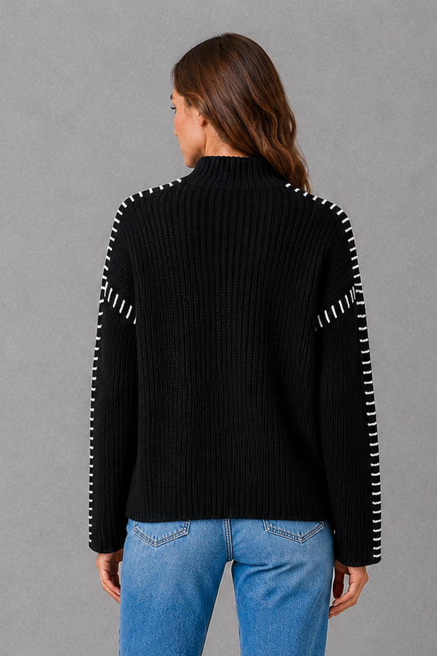 Sweater Women - Contrast Stitch Knit Jumper with Crew Neck