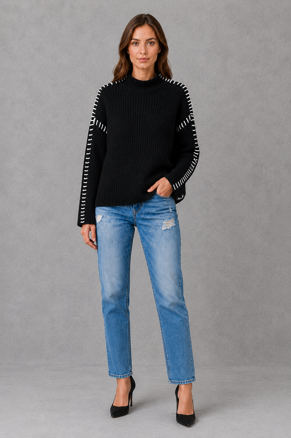 Sweater Women - Contrast Stitch Knit Jumper with Crew Neck