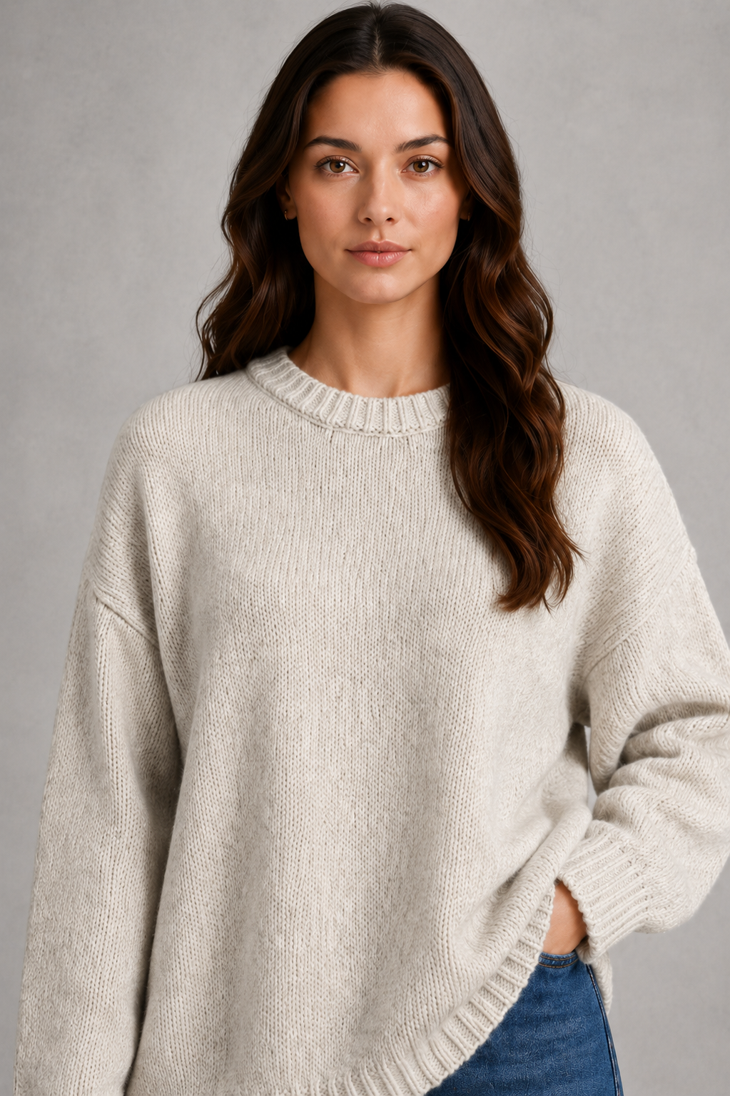 Sweater Women - Crew Neck Knit Jumper with Drop Shoulder