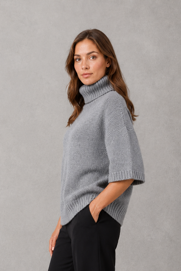 Sweater Women - High Neck Batwing Jumper with Textured Waist