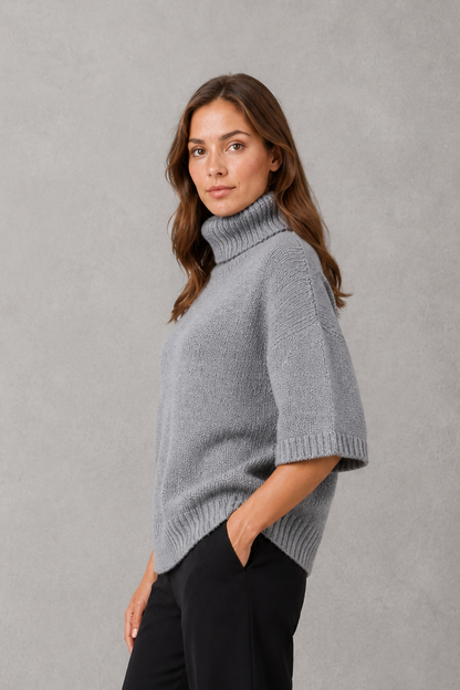 Sweater Women - High Neck Batwing Jumper with Textured Waist