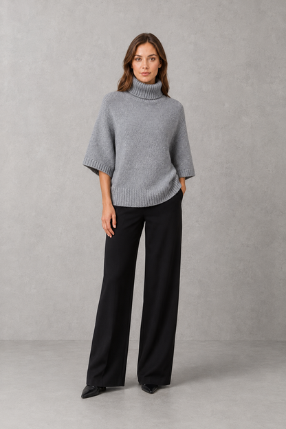 Sweater Women - High Neck Batwing Jumper with Textured Waist