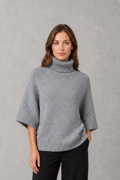 Sweater Women - High Neck Batwing Jumper with Textured Waist