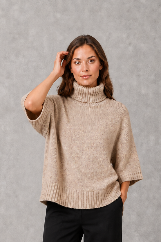 Sweater Women - High Neck Batwing Jumper with Textured Waist
