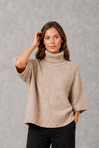 Sweater Women - High Neck Batwing Jumper with Textured Waist