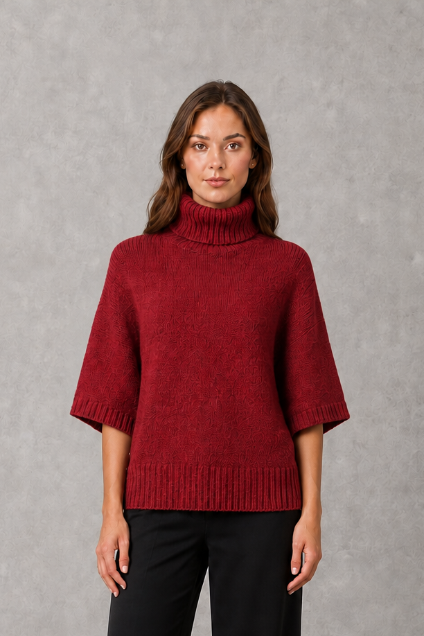 Sweater Women - High Neck Batwing Jumper with Textured Waist