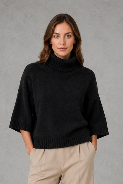 Sweater Women - High Neck Batwing Jumper with Textured Waist