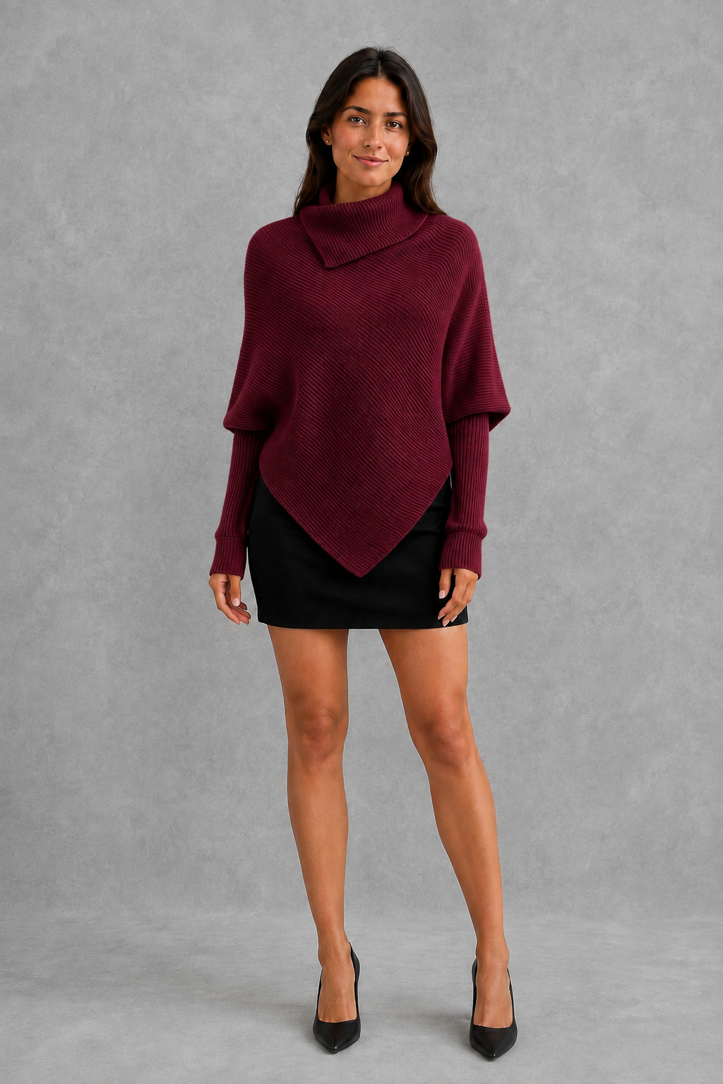 Sweater Women - High Neck Batwing Jumper with Asymmetric Hem
