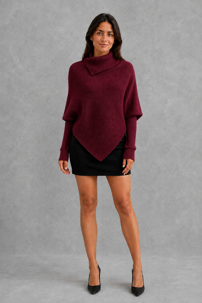 Sweater Women - High Neck Batwing Jumper with Asymmetric Hem