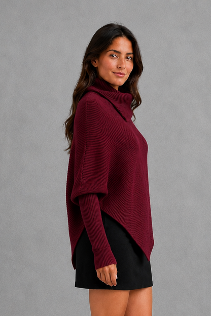 Sweater Women - High Neck Batwing Jumper with Asymmetric Hem