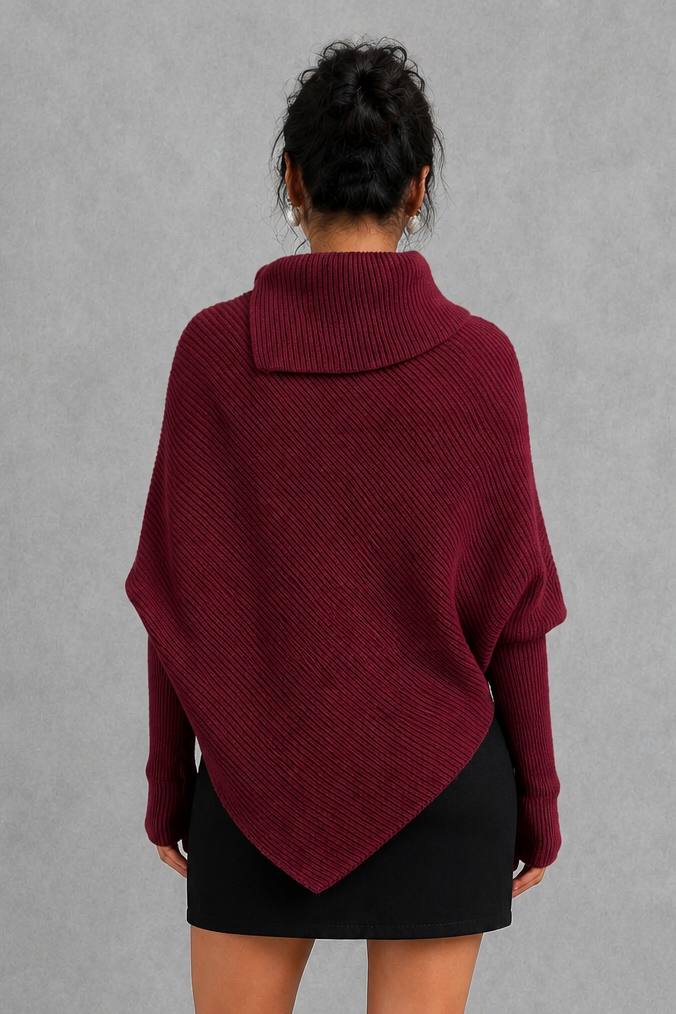 Sweater Women - High Neck Batwing Jumper with Asymmetric Hem