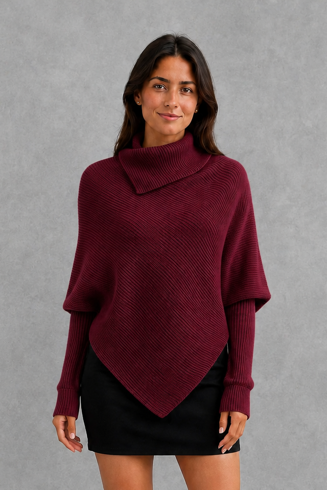 Sweater Women - High Neck Batwing Jumper with Asymmetric Hem