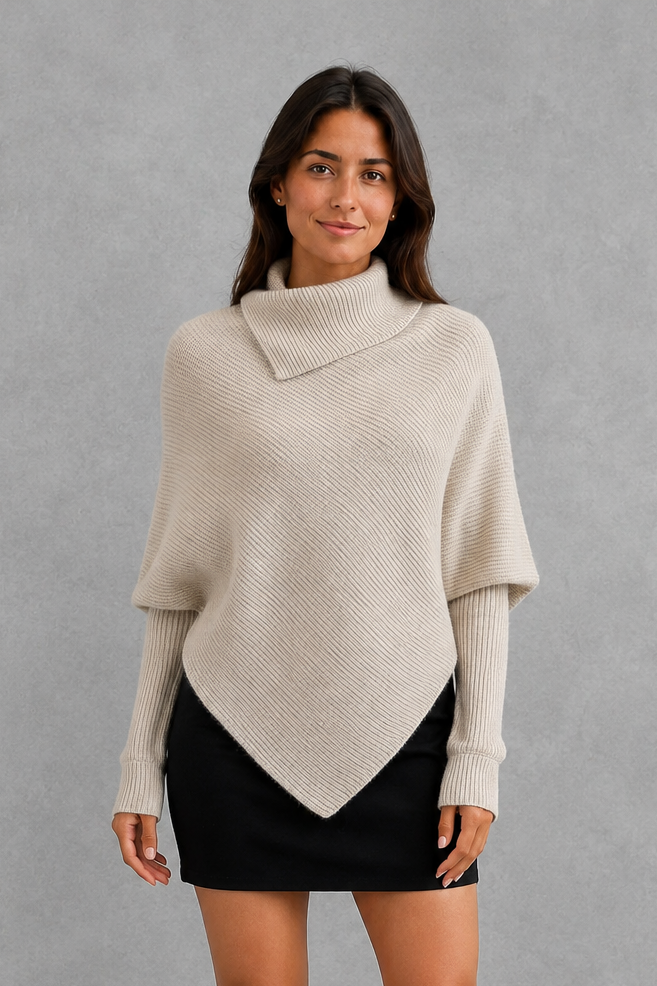 Sweater Women - High Neck Batwing Jumper with Asymmetric Hem