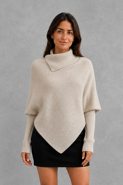 Sweater Women - High Neck Batwing Jumper with Asymmetric Hem