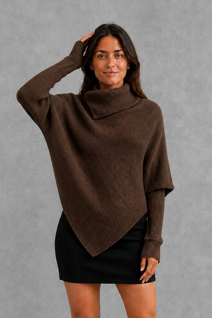 Sweater Women - High Neck Batwing Jumper with Asymmetric Hem