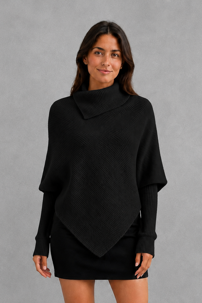 Sweater Women - High Neck Batwing Jumper with Asymmetric Hem